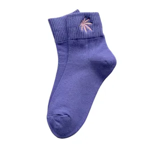 Purple cotton mid-tube socks with cute pink leaf embroidery for women sweet autumn winter.