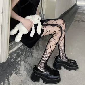 Black cutout fishnet tights for women, edgy gothic punk hosiery, stylish party stockings.
