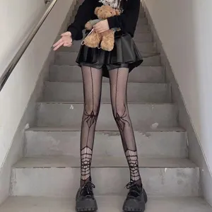 Halloween black fishnet tights with spider web pattern, gothic subculture hosiery for party.