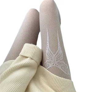 White fishnet tights with woven butterfly pattern, cute hollow out pantyhose for women.