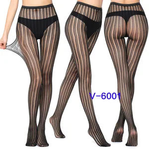 Sexy striped mesh pantyhose for women, high waist stretchy fishnet tights and hosiery.