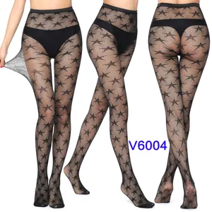 Women sexy black fishnet tights star jacquard pantyhose high waist mesh stockings fashion hosiery