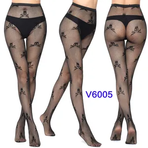 Sexy black fishnet tights for women featuring skull jacquard pattern and high waist design.