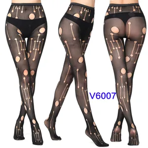 Sexy cut-out black fishnet tights and sheer pantyhose for women, detailed leg mesh view.