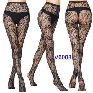 Sexy black floral lace fishnet tights pantyhose high elastic sheer hosiery for women