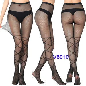 Black fishnet tights with diamond pattern, high waist jacquard sexy hosiery for women.