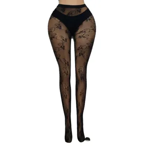 Grosse Groessen Blumen Jacquard Netzstrumpfhose sexy High Waist hohle schwarze Strumpfhose