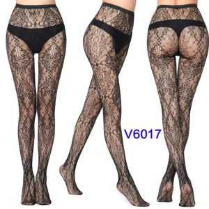 Sexy black floral lace fishnet tights for women, high waist hollow out sheer pantyhose.