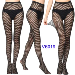 Sexy black fishnet tights for women, high elastic chevron pattern hosiery for clubwear.