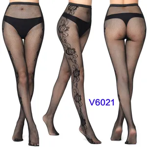 Sexy black floral fishnet tights for women, high waist hollow jacquard pantyhose.