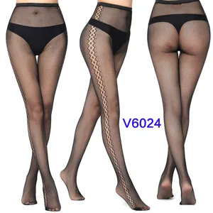 Detailed view of women black fishnet tights featuring elastic high waist and side jacquard pattern.