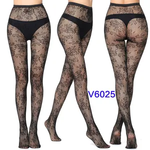 Women sexy floral lace fishnet pantyhose high waist mesh stockings black hosiery intimate wear