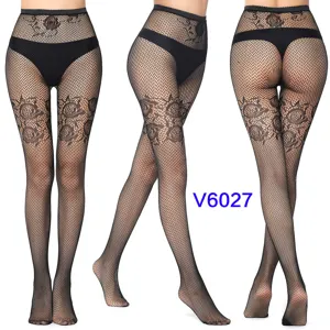 Black fishnet stockings with floral lace patterns, high-waist sexy hosiery for women.