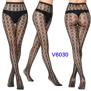 Sexy black fishnet pantyhose for women, high waist hollow out lace tights detail view.