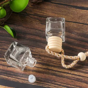 6ml square car perfume glass bottle empty hanging ornament with wooden cap and rope.