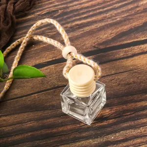 Square glass car perfume bottle empty hanging diffuser pendant with wooden cap and rope.