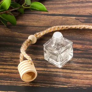 6ml clear square car perfume glass bottle with wooden cap and hanging rope for auto decor.