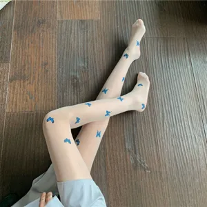 Sheer pantyhose with blue butterfly print, ultra-thin summer stockings for women fashion.