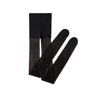 Sexy black sheer pantyhose with cute red heart patterns, ultra-thin summer tights for women.
