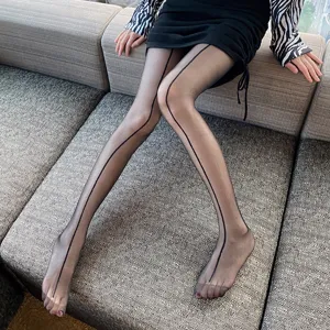 Ultra-thin sheer black pantyhose with vertical seam design, sexy invisible hosiery for women.
