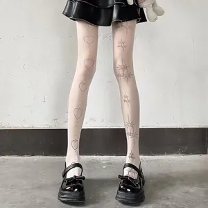 Women's Lolita Pantyhose Star Heart Tattoo Print Yin-Yang Tights Sheer White Nude Stockings Fashion Hosiery