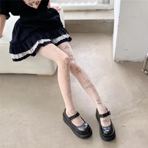 Lolita white pantyhose with star and heart tattoo prints, anti-hook sheer tights for women.