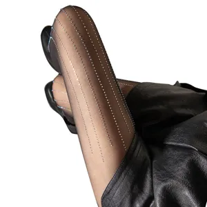 Black sheer rhinestone vertical striped pantyhose, elegant sparkly hosiery for women main view.