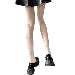 Lolita white pantyhose with star and heart tattoo prints, asymmetrical summer sheer tights.