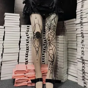 Halloween gothic punk spider web printed sheer black tights women alternative hosiery