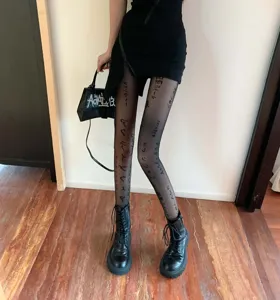 Black sheer tights with artistic letter prints, sexy sheer hosiery for women and girls.