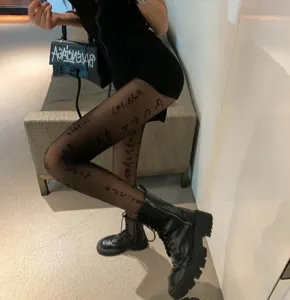Black sheer letter print tights sexy sheer hosiery for women fashion style spring detail