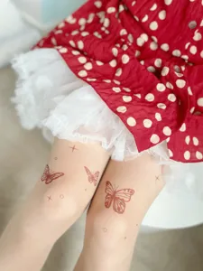 Women sheer nude tattoo tights with wine red butterfly print lolita subculture hosiery