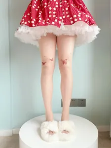 Sheer skin-colored tights with wine red butterfly print, Lolita style translucent hosiery.