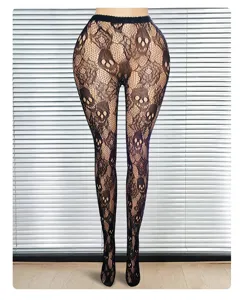 Medias de red jacquard de calavera rosa gótica, calcetines de encaje negro para mujeres.