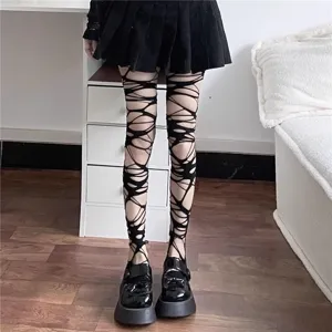 Black ripped footed tights gothic irregular punk base stockings dark halloweens socks for women