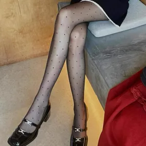 Sheer black polka dot pantyhose for women, ultra thin transparent spring summer leg wear.