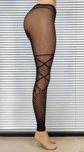 Plus size sexy fishnet pantyhose with cross straps and jacquard pattern for stylish women.