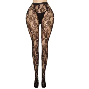 Medias de red de encaje de calavera gótica de talla grande, medias negras sexy caladas.