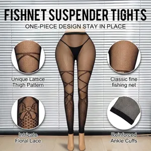 Fishnet suspender tights with one-piece design, unique lattice thigh pattern and fine net.