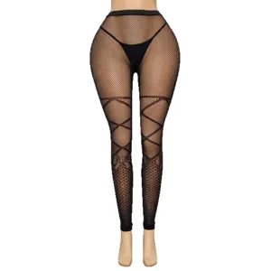 Sexy black fishnet tights for women, edgy cross-strappy hollow out pantyhose, clubwear.