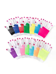 Colorful short fishnet fingerless mesh gloves detail display, stretchy rave party costume accessory.