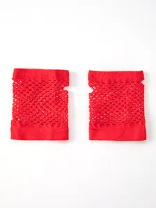 Detailed view of red fishnet fingerless gloves, hollow mesh design, stretchy and sexy.
