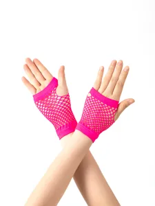 Hot pink fingerless fishnet gloves detail shot, flexible mesh style for parties.
