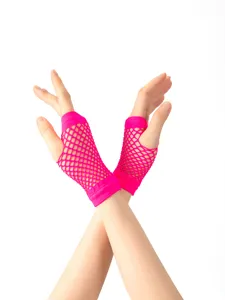Close up detail of neon pink fishnet gloves fingerless stretch mesh design for party.