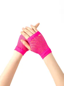 Close-up detail of neon pink fishnet fingerless gloves, showing elastic mesh texture.