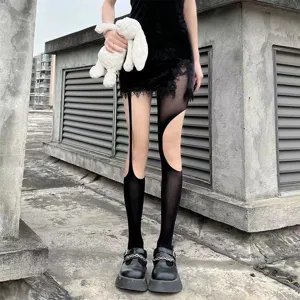 Collants résille noirs asymétriques évidés pour femmes, style gothique tendance.