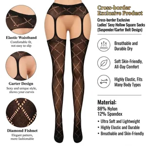 Women's Sexy Hollow Out Square Mesh Pantyhose High Elastic Suspender Tights Sheer Stockings Breathable Legwear