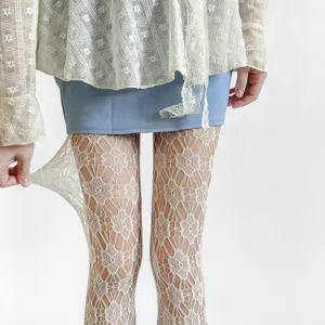 Women white hollow out lace tights fashion floral pattern stretch hosiery sexy party wear