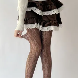 Brown lace pantyhose floral pattern sheer stretch stockings for women elegant apparel detail view