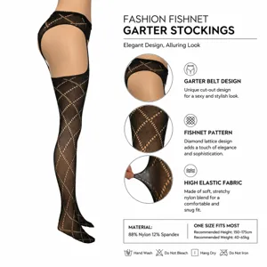 Sexy fishnet garter stockings with diamond lattice pattern and high elastic design.